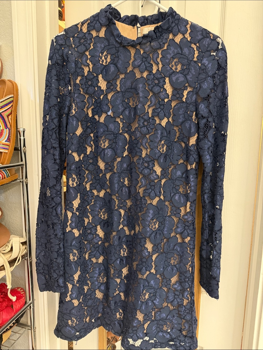 Wayf Navy Lace Long-Sleeve Mini Dress